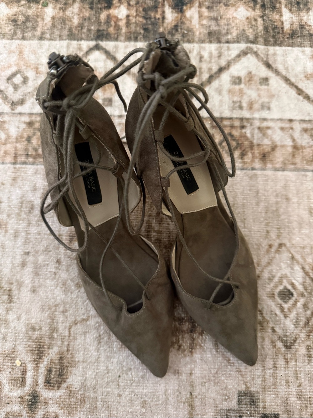 Zara Olive Green Suede Lace-Up Pointed Toe Heels - Picture 2 of 5